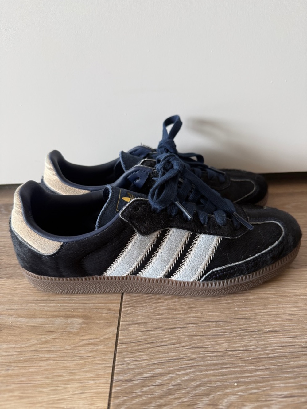 Adidas Navy Pony Hair Sneakers with White Stripes and Gum Sole